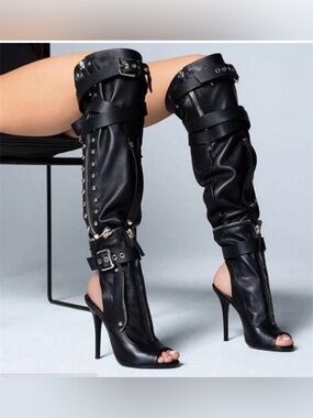 Black Convertible Thigh High Boots Women Stiletto 5” Open Toe Strappy Buckle
